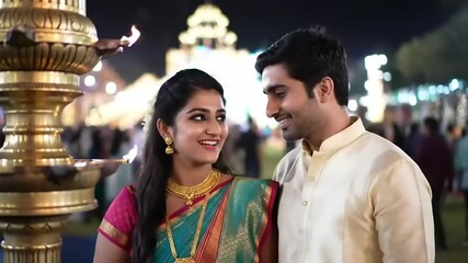 A beautiful young Indian couple dressed in traditional attire sharing a loving gaze during a festive nighttime celebration