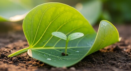 A delicate green seedling emerges from rich soil, gently protected by a large, curving leaf, bathed in soft natural light.