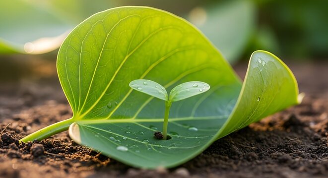 A delicate green seedling emerges from rich soil, gently protected by a large, curving leaf, bathed in soft natural light.