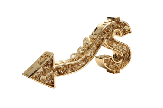 Golden dollar sign with arrow, seemingly made of smaller cubes, pointing downward against a stark black backdrop