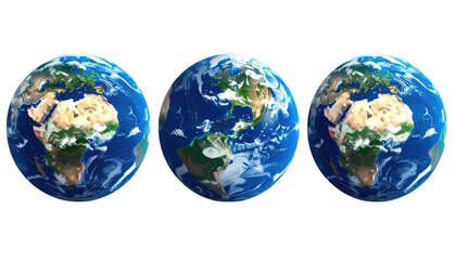 Three Earth globes display continents, oceans, and cloud cover, set against a stark black background