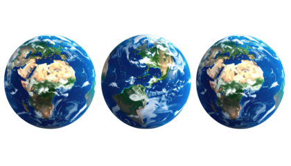 Three Earth globes display continents, oceans, and cloud cover, set against a stark black background