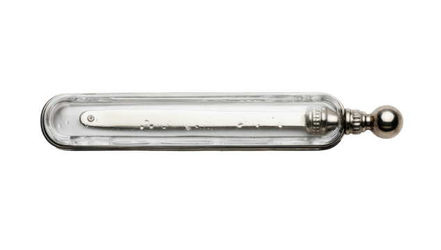 Vintage glass vial with a silver interior component and a decorative knob, all isolated on a black background