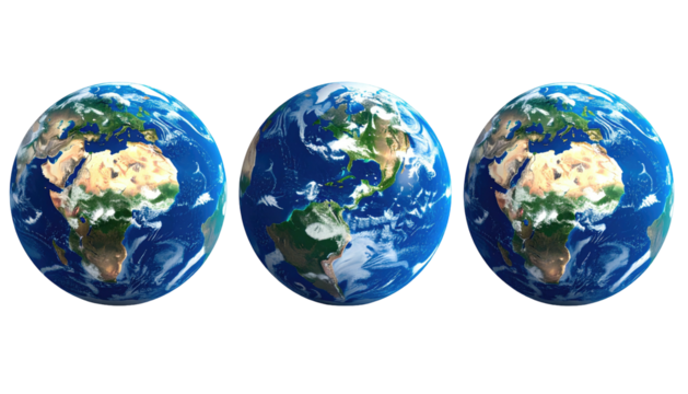 Three Earth globes display continents, oceans, and cloud cover, set against a stark black background