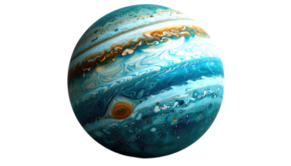 Gas giant planet with swirled clouds, mainly in shades of blue, orange, and white, on a black background