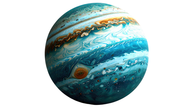 Gas giant planet with swirled clouds, mainly in shades of blue, orange, and white, on a black background