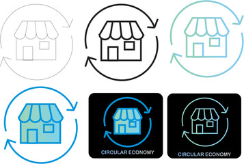 Minimalist vector icon set for circular economy, featuring a shop with recycling arrows. Represents sustainable business, retail, and eco-friendly commerce applications
