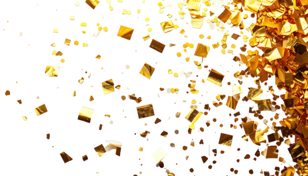 Dynamic cascade of golden squares on black background; creating an abstract, fragmented, glittering, and opulent effect