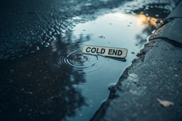 A tag labeled COLD END floating in puddle water reflections