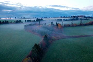 Aerial view of colorful autumn forest with morning mist of Prince Edward Island Canada. High...