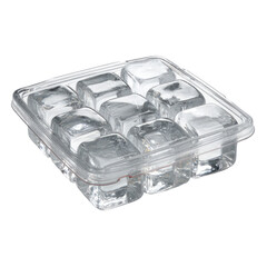 Nine clear ice cubes filling a transparent plastic mold, casting shadows, set against a plain white backdrop