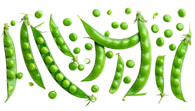 Green pea pods and loose peas, isolated on black, arranged in a central band, offering a fresh, vibrant visual