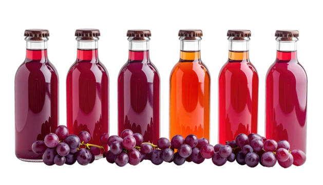 Six glass bottles with colorful fruit juice, lined up, with grapes in front, isolated on black backdrop