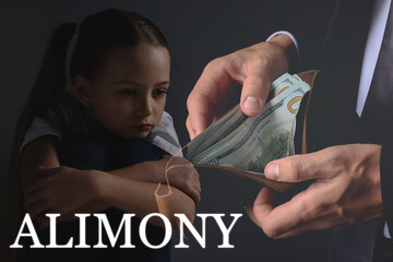 Sad little girl, double exposure with father counting money in wallet. Financial support for child...