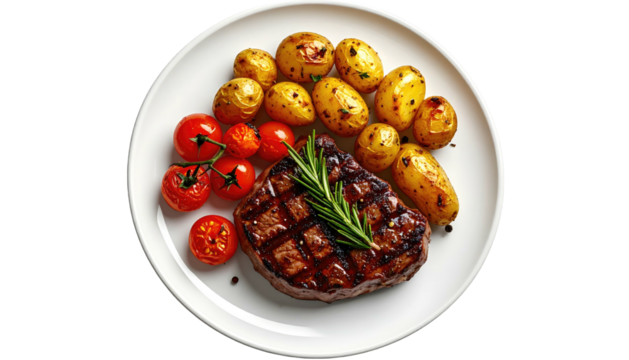 Grilled steak, potatoes, and tomatoes are arranged on a white plate, viewed from overhead, creating a simple meal scene