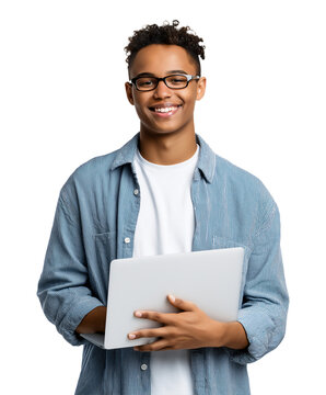 Smiling teenage African-American male holding a laptop and wearing glasses, isolated on white or transparent background