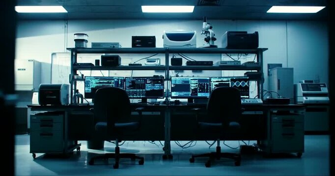 Dimly lit laboratory with two empty chairs and computer screens displaying data