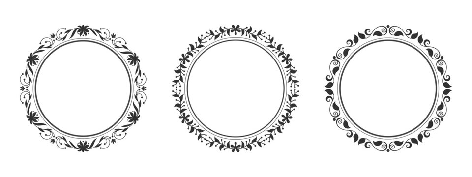 Circular floral frames set. Black ornate retro leaf pattern, thin swirl filigree botanical border motif. Vintage template for laser cut engraving, etching, vignette stencil, DIY foiling, rubber stamp