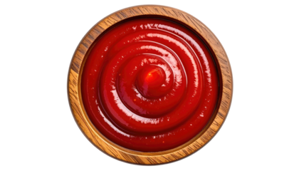 Tomato sauce in a wooden bowl, aerial view. Swirled pattern visible