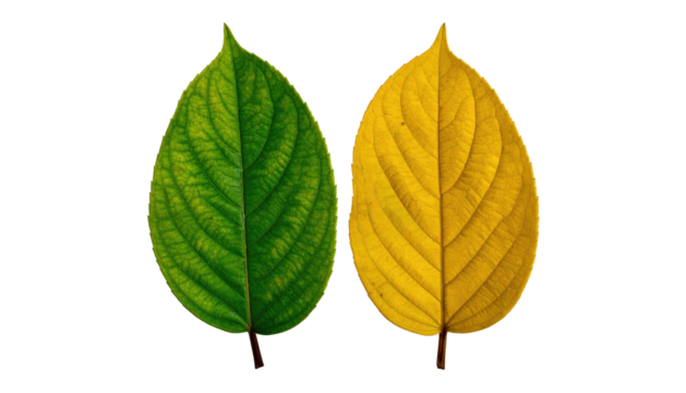 Two leaves displayed in center One green, one yellow, both with strong midribs, against a black background