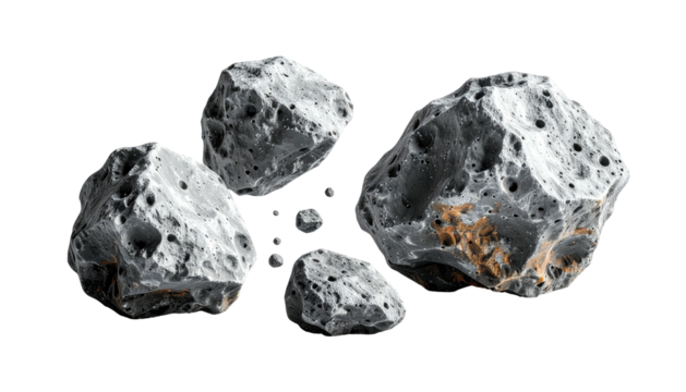 Cluster of gray, porous rocks with small, lighter colored accents scattered on a solid black background