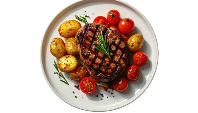 Grilled steak with roasted potatoes and tomatoes, served on a white plate, lit from above