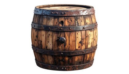 Obraz premium Rustic wooden barrel, aged with metal bands, against a dark background. Sturdy, isolated, weathered, and dimensional
