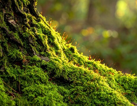 Close-up of tree trunk covered in vibrant green moss
