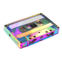 An iridescent cassette tape glows with rainbow sheen against a dark background. Detailed mechanical features visible
