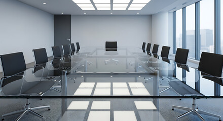 Wide-angle interior view of a large, empty glass conference table reflecting overhead light fixtures and surrounding empty chairs.