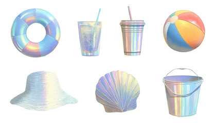 Colorful Holographic Objects on Transparent Background for Summer Theme