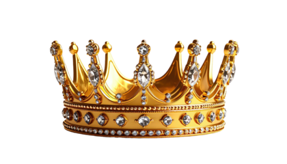 Ornate golden crown, encrusted with shimmering gemstones, rests against a stark black backdrop