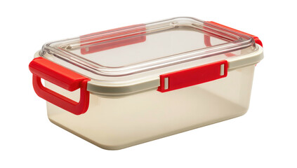 Rectangular plastic container with red latches and a clear lid, angled slightly on a black background
