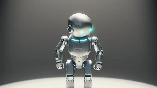 A metallic robot stands center, lit by a spotlight against a gray gradient