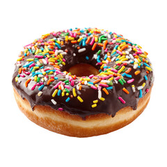 Glazed doughnut with chocolate icing, decorated with colorful sprinkles on a black background