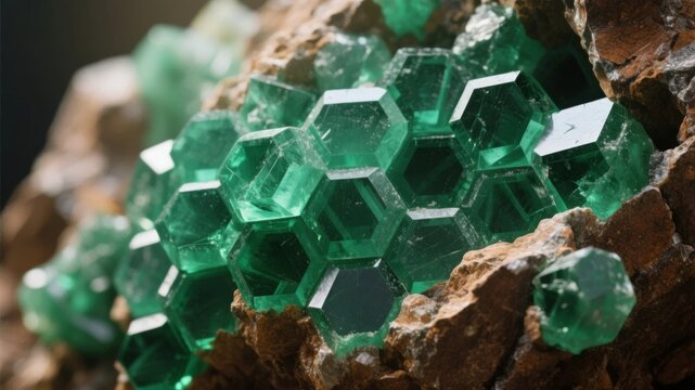 Cluster of green hexagonal crystals embedded in rocky matrix