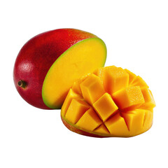 Vibrant mango, partially sliced, displaying juicy, cubed flesh, against a solid, dark background