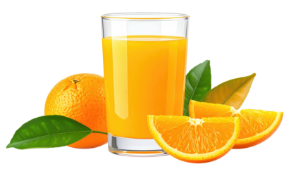 Fresh orange juice filled a clear glass, surrounded by sliced oranges and leaves against a stark black background