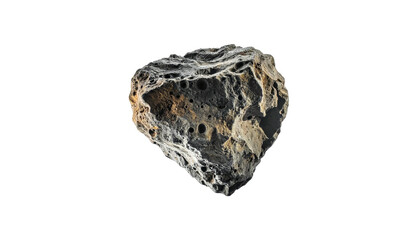 Rocky object with craters and rough edges is centrally placed on a black background, illuminated