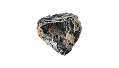 Rocky object with craters and rough edges is centrally placed on a black background, illuminated