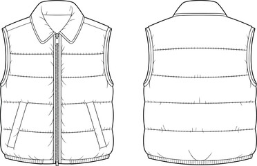 Sleeveless padded vest vector, front and back view, fashion flat sketch, garment design template, clothing construction drawing, editable outline © Wajkuruni