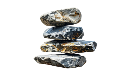 Stacked flat rocks with grey, white, and orange tones against a black background, creating a balanced structure