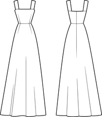 Sleeveless long dress, square neckline fashion, flared panel skirt, technical sketch, garment vector, apparel template, flat illustration, high waist