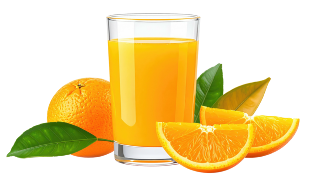 Fresh orange juice filled a clear glass, surrounded by sliced oranges and leaves against a stark black background