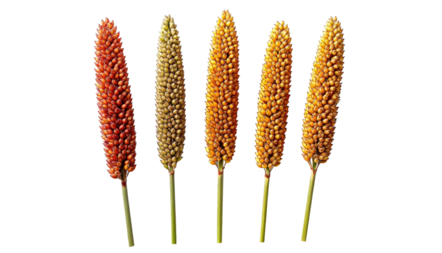 Five millet stalks of varying colors, from reddish-brown to light yellow, stand against a black background