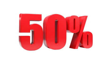 3D render of a red 50% symbol against a black backdrop, showcasing a glossy and bold financial figure