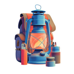 Camping gear still life backpack, lantern, lighter, cup and container, on black backdrop. Soft 3D rendering