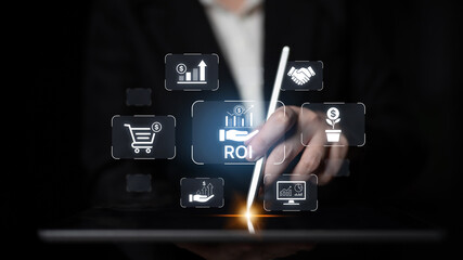 Concept of Return on Investment (ROI) for business. Analyzing financial performance and investment strategy to measure profit, growth, and the success of a marketing campaign. Fermion