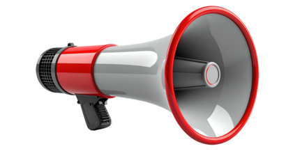 Red-and-grey megaphone with handle, isolated against a black backdrop, casting a slight shadow below