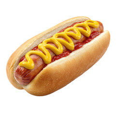 A hotdog in a bun, topped with mustard and ketchup on a black background